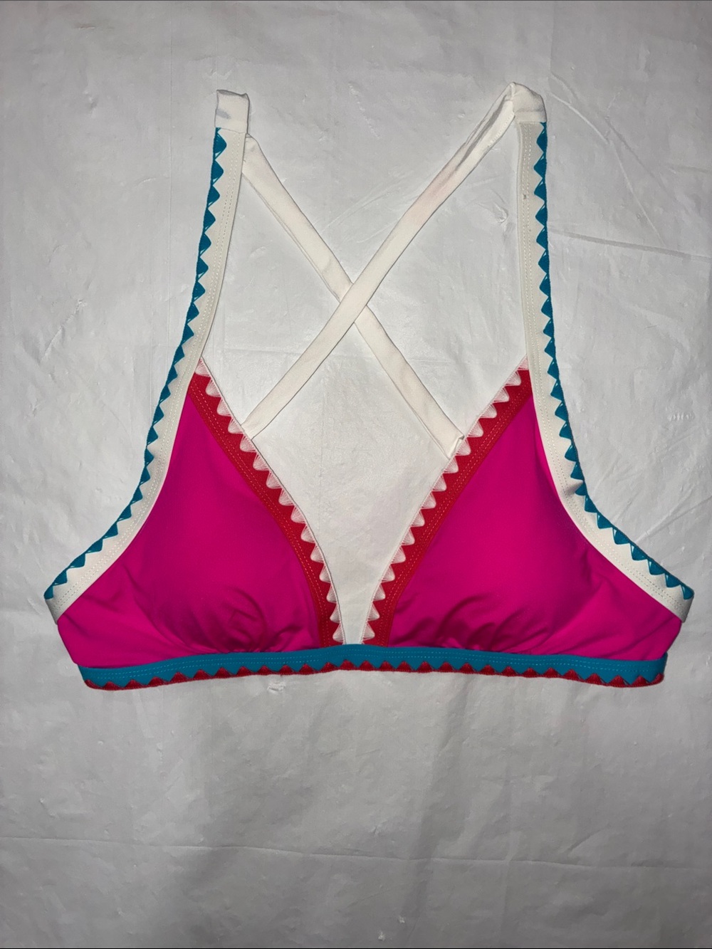 Lucky Brand Pink Triangle Bikini Top with White Trim and Teal Accents